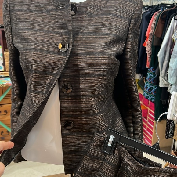 STUNNING Kasper Metallic Shine 2-Pc Suit Skirt & Blazer Size 4 Black Brown Women - Picture 4 of 9